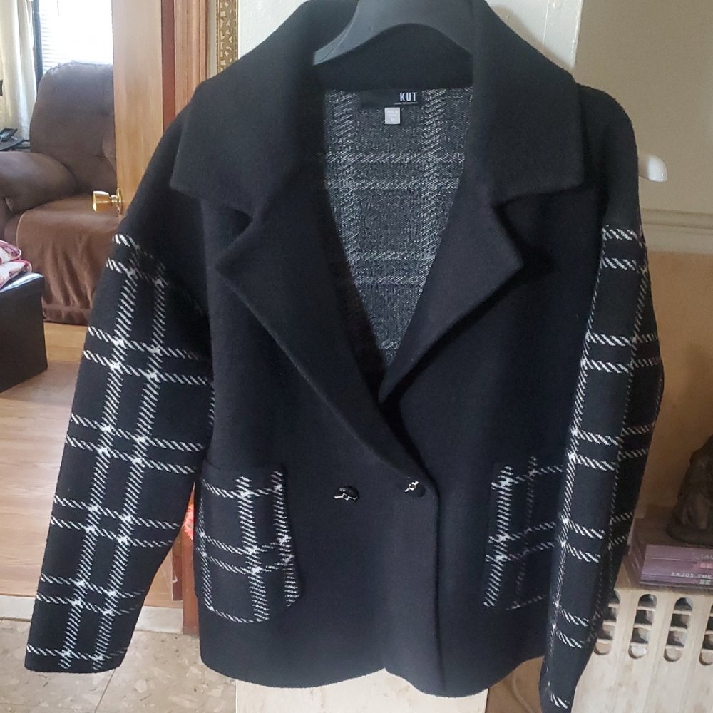 Kut from the Kloth Black Coat with Plaid Sleeves